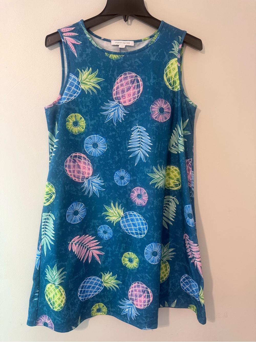 Celebrate Together Blue Pineapple Pink Yellow Print Sleeveless Dress size medium